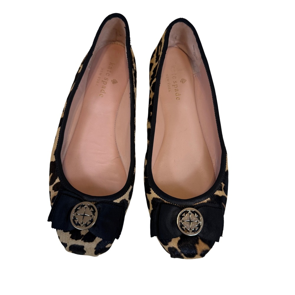 Kate Spade Leopard Calf Hair Ballet Flats Black Bow Medallion Womens 7.5M‎